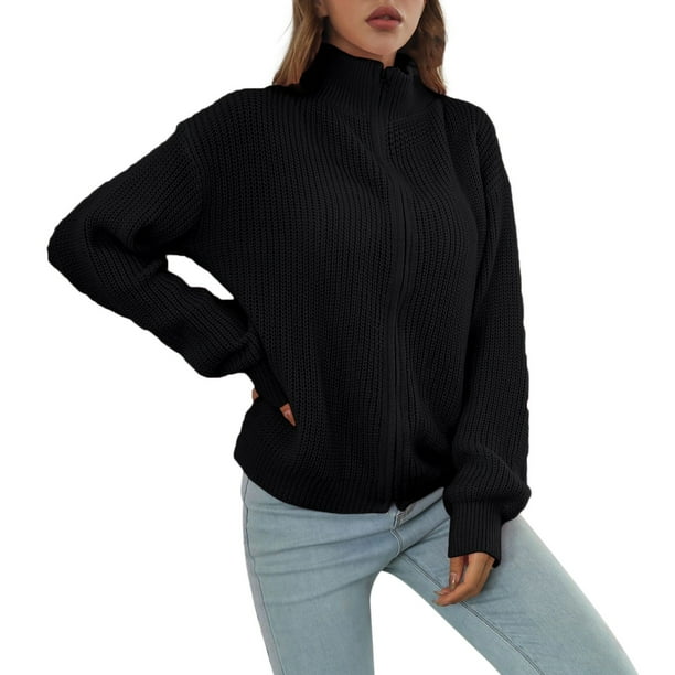 Gibobby Suéter mujer Cárdigan para mujer algodón manga larga abotonado cárdigan de punto de gran tamaño(Negro,CH)