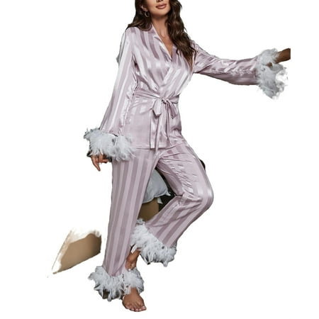 

Elegant Striped V neck Pant Sets Long Sleeve Dusty Purple Womens Pajama Sets (Women s)