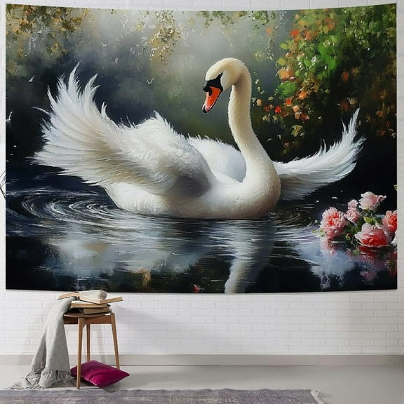 Patifu Swan Water Flowers Tapestry Wall Hanging Unique Style Graphic Tapestries Home Decor Art Living Room Bedroom Apartment Farmhouse Dorm 40x30inch