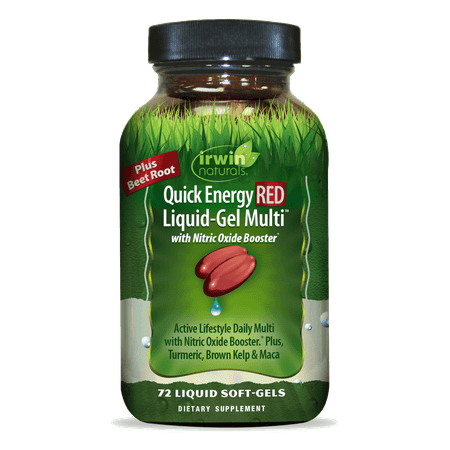 Irwin Naturals Quick Energy RED Liquid-Gel Multi with Nitric Oxide Booster - 72 Liquid Softgels - with Nitric Oxide Booster, Turmeric, Brown Kelp, Maca & Beet Root