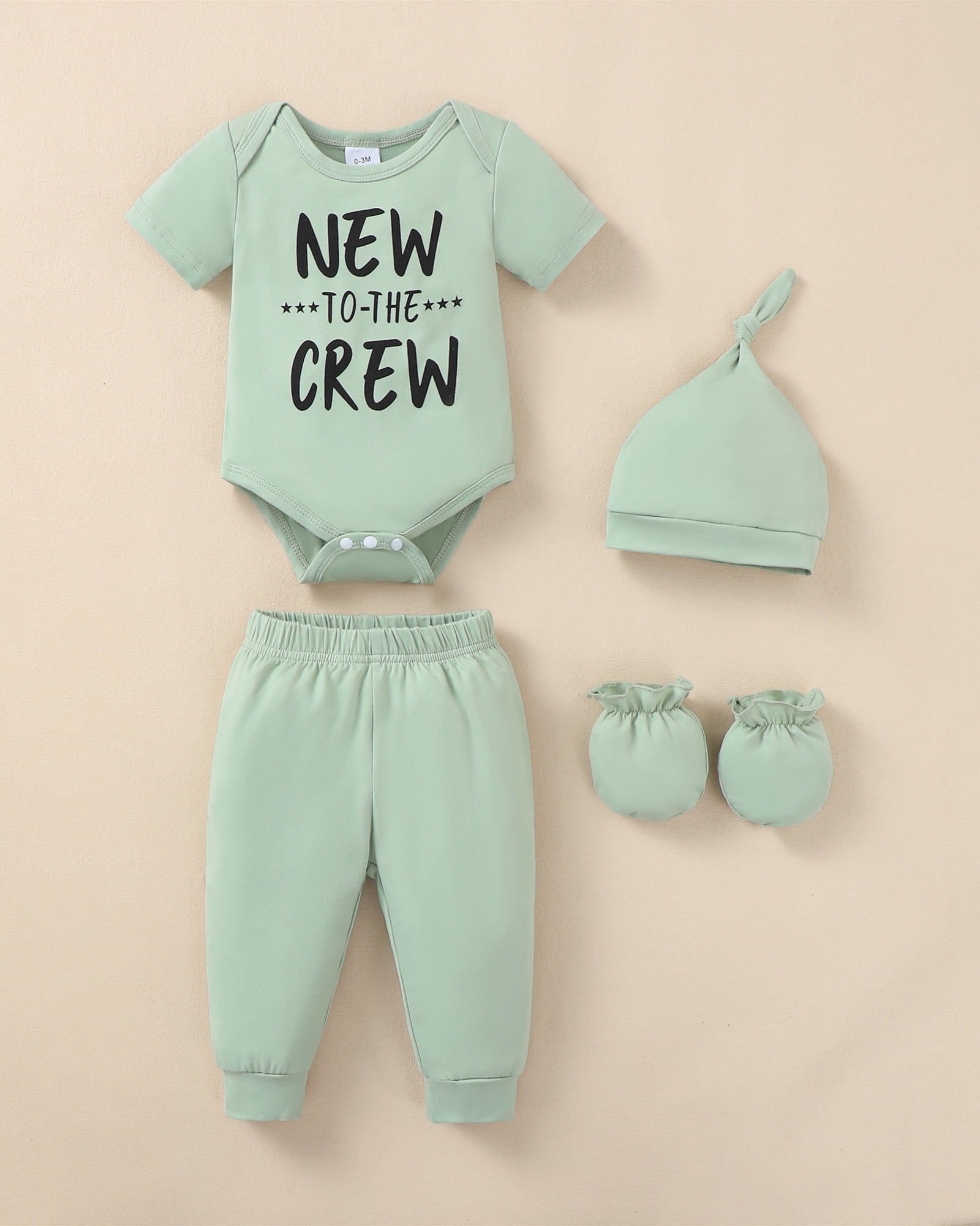 KIMI BEAR Newborn Preemie Baby Boys Layette Set 4 Packs Shower Gift Sets Romper Top Pants Set Short Sleeves Tops Dinosaurs Print Striped Outfits with Bodysuits 15pcs Essential Clothes Green