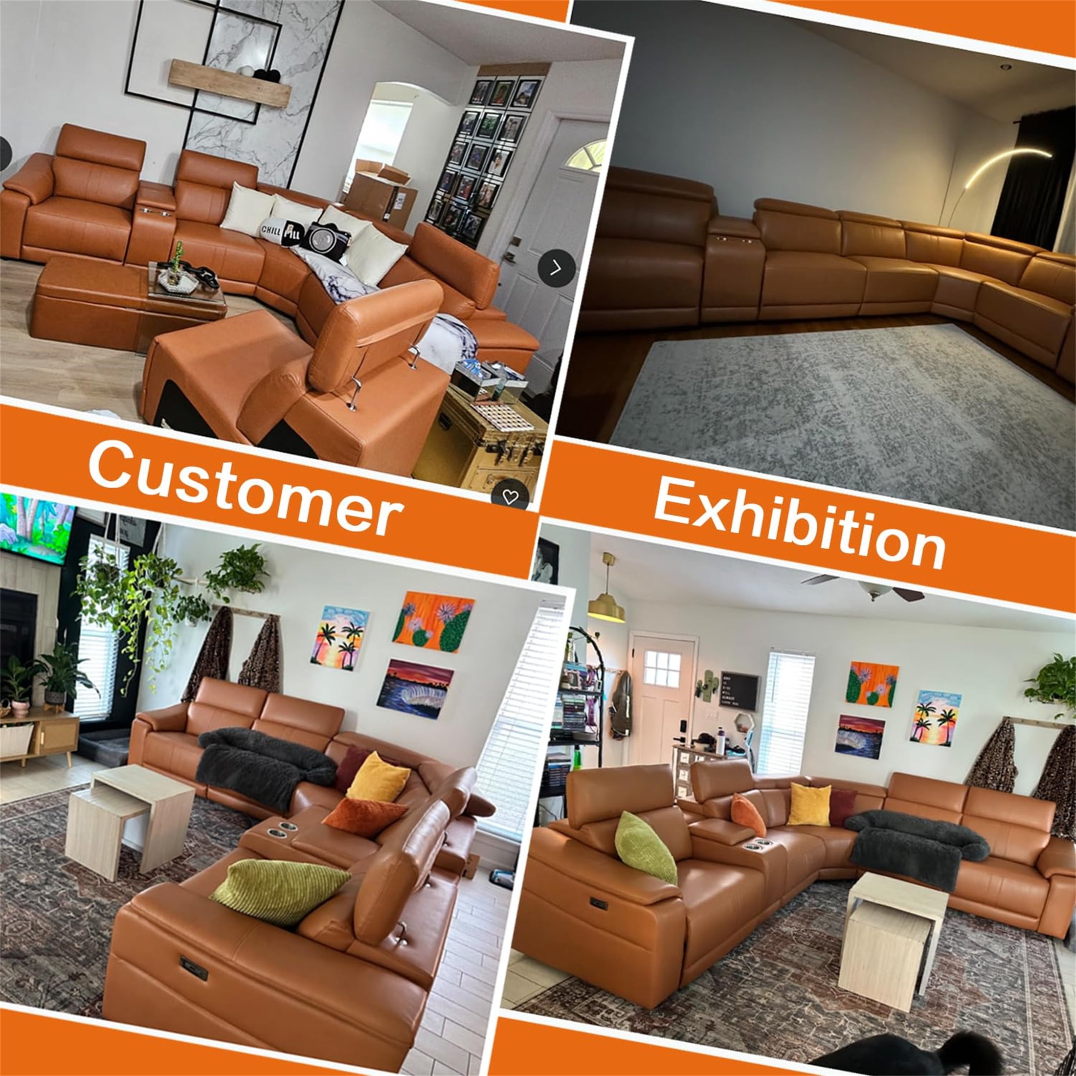 Aukfa 6-Piece Power Recliner Sofa Set Sectional Couch with Cup Holders& USB Port Storage Console, Breathing Leather, Light Brown