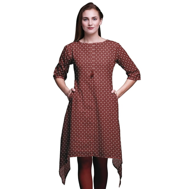 Bimba Kurti Asymétrique Rouge à Imprimé Ikat Géométrique pour Femmes Robe d'Été Indienne Tunique Moyen