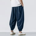 thumbnail image 3 of JTieacloth Mens Casual Linen Pants Fashion Loose Casual Wide Pants Men's Elasticated Pants Leg Color Solid Men's Pants Blue, 3 of 5
