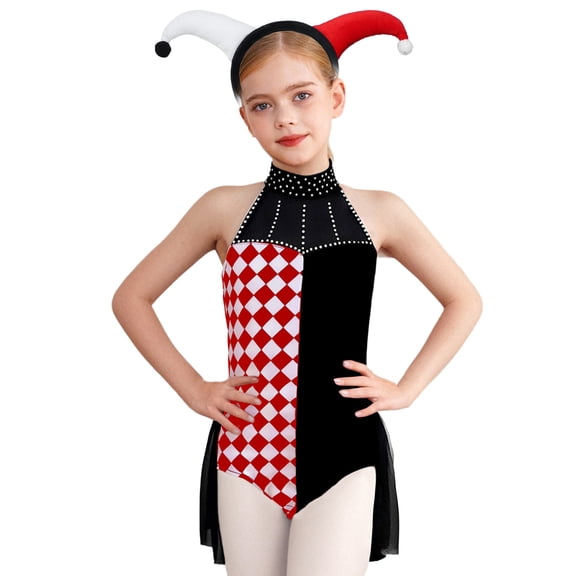 Aislor Circus Clown Leotard for Girls with Headwear Halter Backless Checkerboard Clown Jumpsuit Skirt Black Red 8
