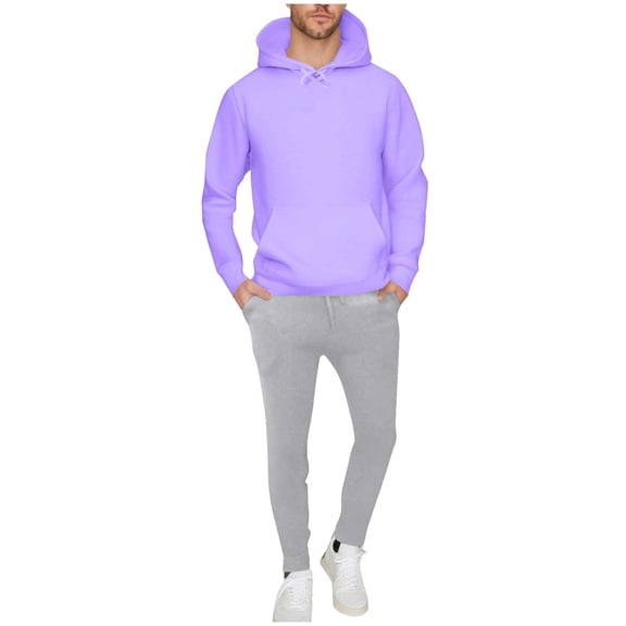 mihongmao Travel Sets for Men 2 Piece Men Velvet Solid-Color Casual Loose Pocket Drawstring Long Pants Sweatshirt Long Sleeve Hooded Set Purple S