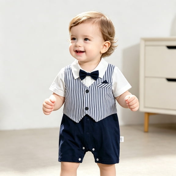 Baby Boy Tuxedo Romper Two-Piece Vest Style Jumpsuit with Bow Tie Formal Short Sleeve Outfit for Weddings & Baptisms Blue 0-6 Month