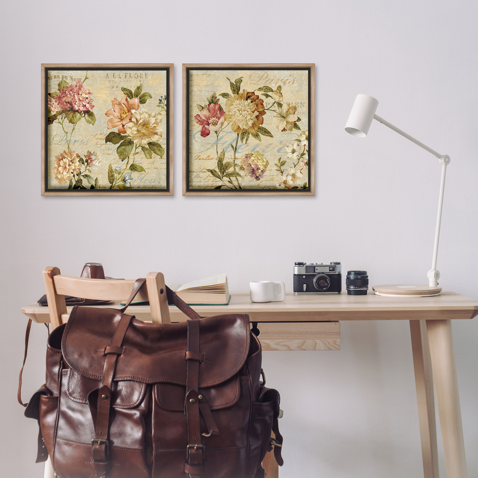 Stupell Industries Vintage French Floral with Script Botanical & Floral Painting Brown Floater Framed Canvas Art Print Wall Art, 18 x 18, Set of 2