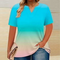 Plus Size Tops for Women Summer Outfits Fashion Gradient Color T Shirts V Neck Short Sleeve Tunic Tee Blouse (5XL, Sky Blue)