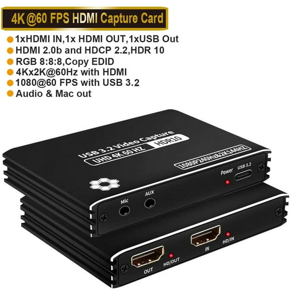 AUBEAMTO [Updated Version] 4K 60Hz HDMI USB 3.2 Capture 2K 120FPS USB C Video Card 1080P 240FPS Video Grabber Live Streaming For PS5 Camera XBox