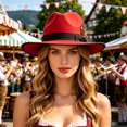 thumbnail image 4 of XIAOCHA Womens Ribbon‑Feather Fedora Hat Solid Wide‑Brim Hat Outdoor Festival Hat,Red, 4 of 4