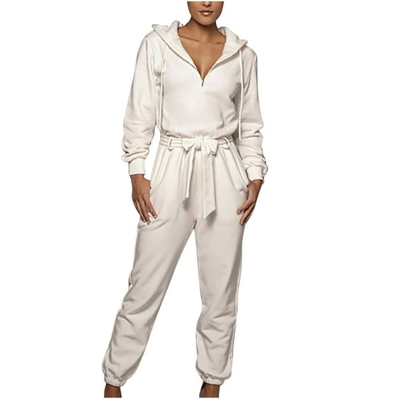 Dealovy Jumpsuits for Women 1 Piece Zip up Hoodie Outfits Long Sleeve Belt High Waisted Dressy Onesie Romper
