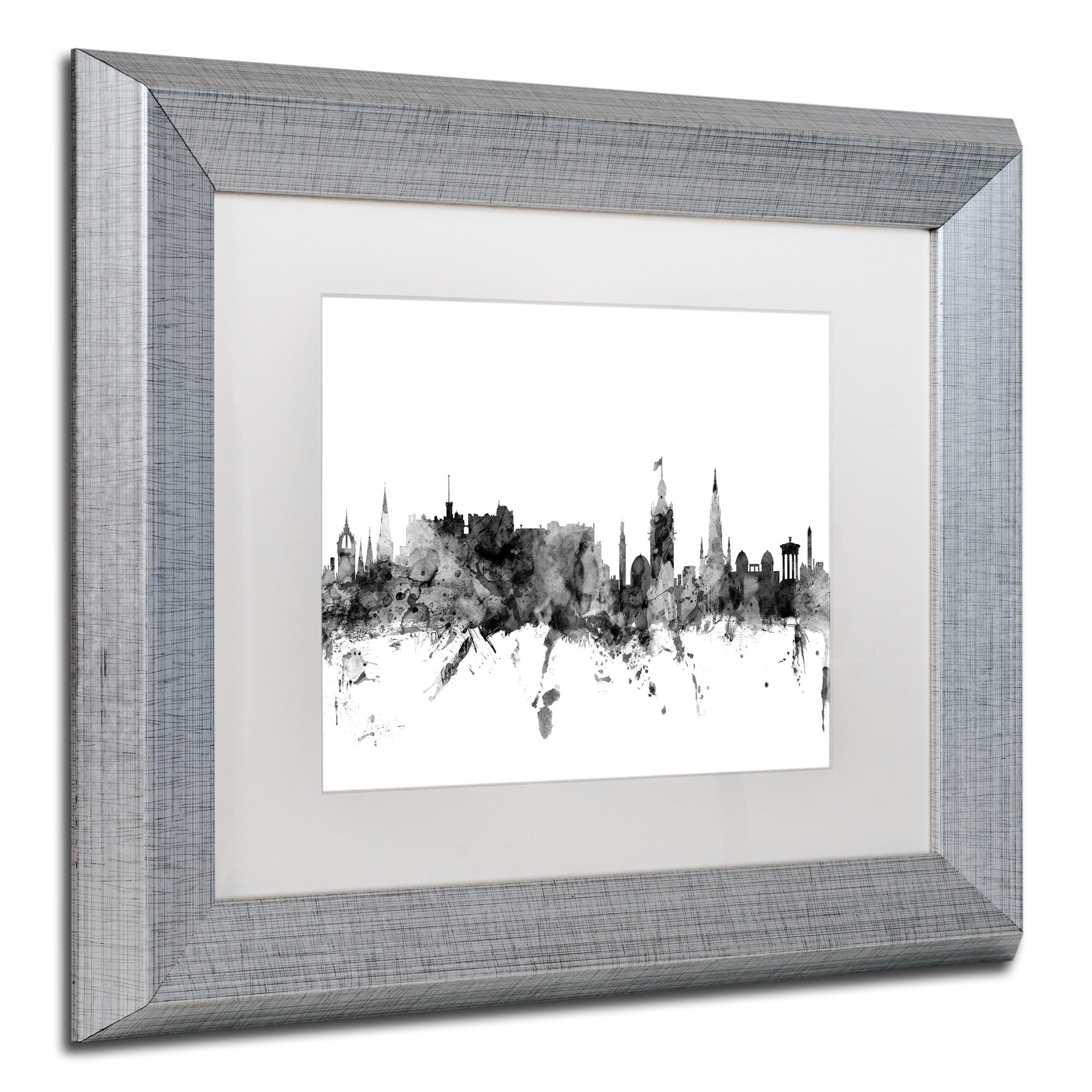 Trademark Fine Art "Edinburgh Scotland Skyline B&W" Canvas Art by Michael Tompsett, White Matte, Silver Frame