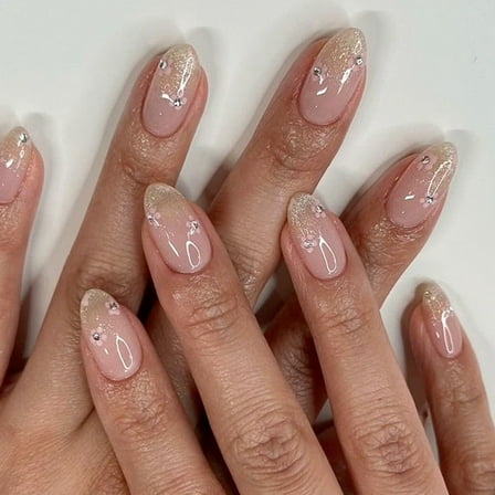 24x Short Round Press On Nails Simple Acrylic False Nails Glittering Artificial Nails Flowers on Nails for Party