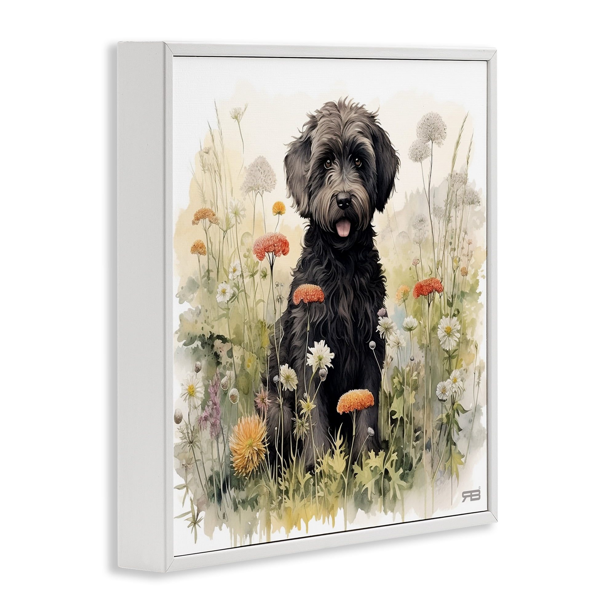 Stupell Industries Black Terrier in Meadow Animals & Insects Painting White Framed Art Print Wall Art, 12 x 12