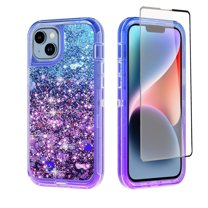 NIFFPD iPhone 14 Plus with Screen Protector, Bling Glitter Quicksand Sparkle Clear & Shockproof Protective Cover iPhone 14 Plus 6.7" Blue Purple