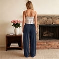 thumbnail image 5 of Domzest Striped Pants for Women Drawstring Elastic High Waist Wide Leg Linen Blend Trousers Casual Comfy Palazzo Pants with Pockets Navy S, 5 of 5