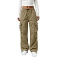 thumbnail image 2 of OIOLOYJM Parachute Pants for Women Drawstring Elastic Waist Baggy Wide Leg Quick Dry Hiking Cargo Pants Loose Fit Y2k Streetwear with Multi Pockets Khaki M, 2 of 4