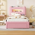 thumbnail image 3 of Upholstered Twin Bed Frame with Headboard, 2-Tier Storage, Charging Station & Drawer, Metal Platform, No Box Spring Needed, Pink, 3 of 9