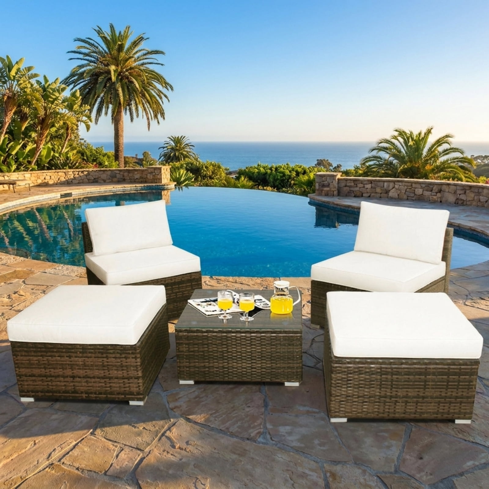 Biotree Patio Furniture Set 5 Piece Rattan outdoor sectional with cushioned armless sofa ottoman and coffee table outdoor conversation set for garden backyard porch, White