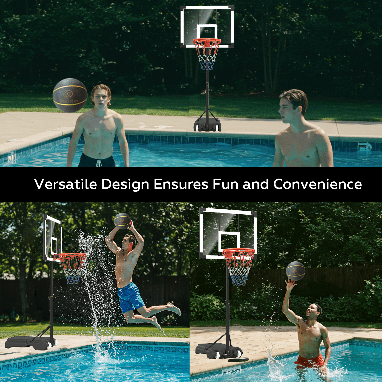 Pool Basketball Hoop, Height Adjustable 3.9" to 6.9", Black Steel Frame, Water Base, Includes Air Pump, 8-Inch Rubber Ball, Indoor & Outdoor Use