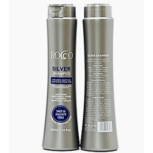 champú violet silver caster sin sal sin parabenos 400 ml dos botellas plateadas en vista 3/4 mostrando frontal y reverso; envase alto con tapa a presión, etiqueta 'SILVER SHAMPOO' y sello 'SALT & SULFATE FREE', indica 400 ml; para cabellos rubios y plateados, neutraliza tonos amarillos y también útil para mantenimiento entre tonos.