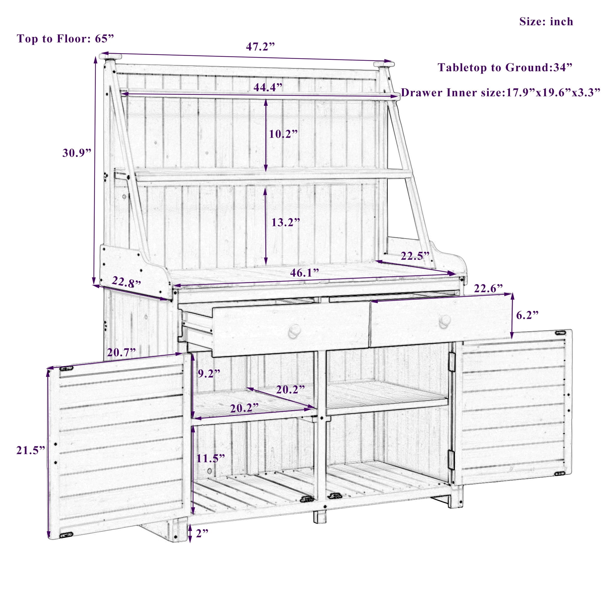 MAYEERTY 65" Tall Wood Potting Bench, Garden Workstation with 3-Tier Open Shelves, Magnetic Cabinet Doors for Patio, Backyard, Outdoor Gardening