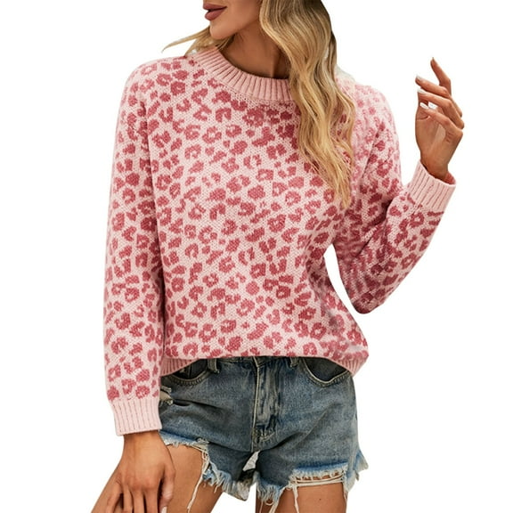 Women Fashion Loose Leopard Print Knit Sweater Pullover Crewneck Sweater