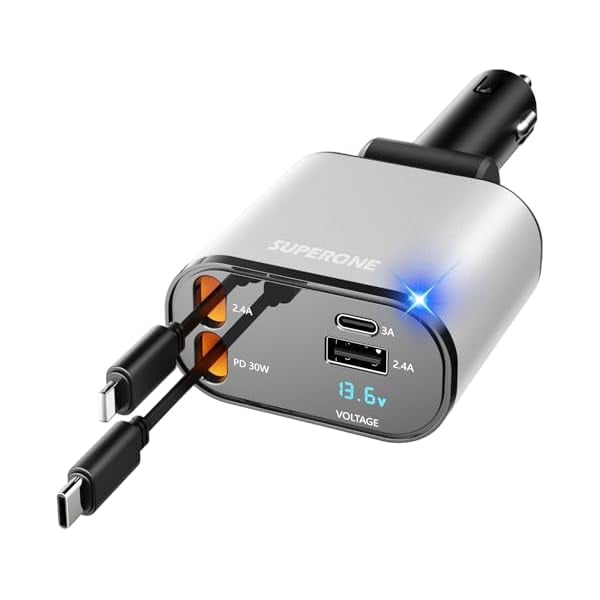 LinQingQ 【Upgraded】 Retractable Car Charger 4 in 1, Fast Car Phone Charger with Cord 2.6ft, USB C and Apple Car Charger Adapter, Compatible with iPhone 17/16/15/15 Pro Max/14/13/12/11, Galaxy, Pixel