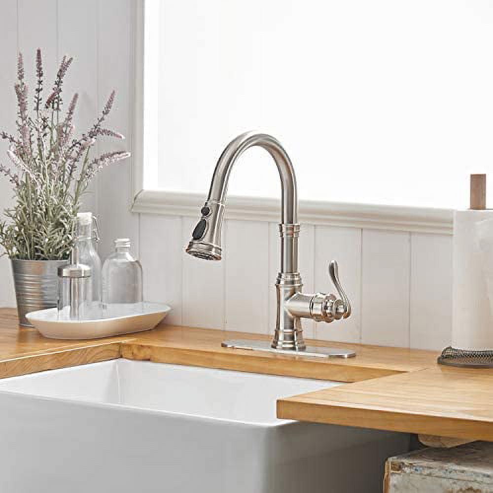 BWE Kitchen Faucet with Pull Out Sprayer 3 Spray Modes Brushed Nickel Single Handle Singe Lever High Arc Kitchen Sink Faucet with Deck Plate Commercial Bar Farmhouse Pull Down Sprayer