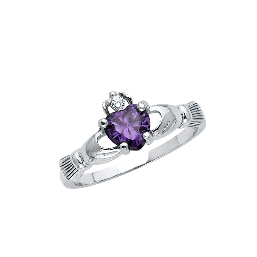 Solid 925 Sterling Silver Heart Celtic Claddagh Friendship Purple Cubic