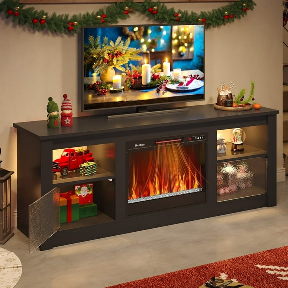 Bestier 63" Fireplace TV Stand for TVs Up to 70 inch, Entertainment Center with Electric Fireplace, Storage Cabinets, LED Lights, Open Shelves and Cable Holes, Media Console for Living Room, Black