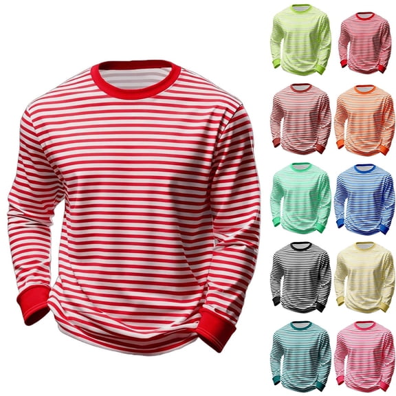 Hvyesh Men Big and Tall Striped T Shirts Loose Long Sleeve Crew Neck Tee Casual Basic Blouse Spring Fall Undershirt