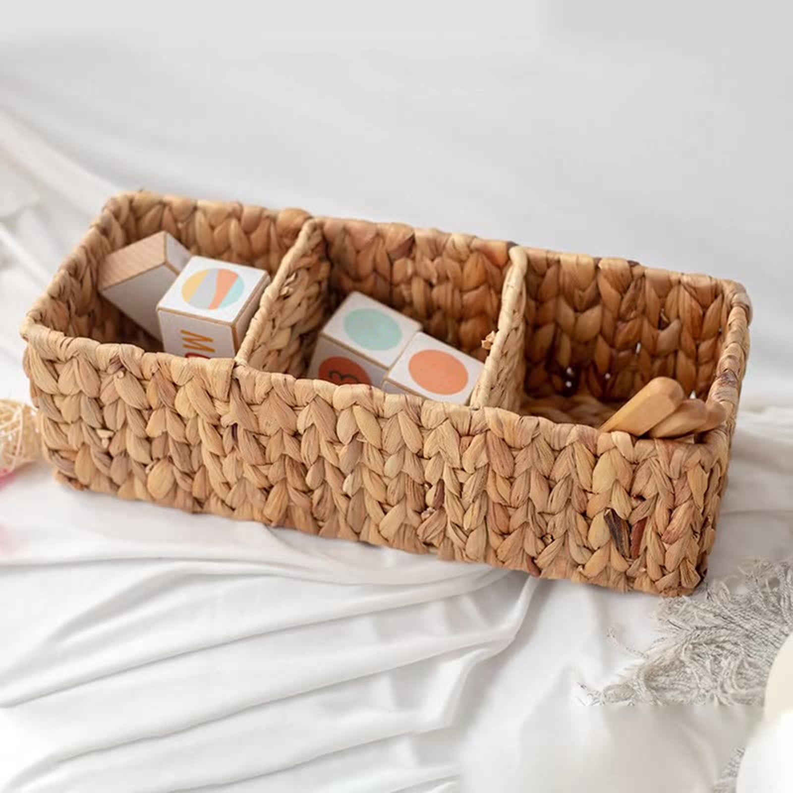 Water Hyacinth Tank Topper Storage Baskets 3 sections Woven Wicker Basket for Toilet Paper Holder, Baskets for Vanity, Bathroom, Pantry Organizing, or Coffee Table Decor, 16.93x6.69x5.12"