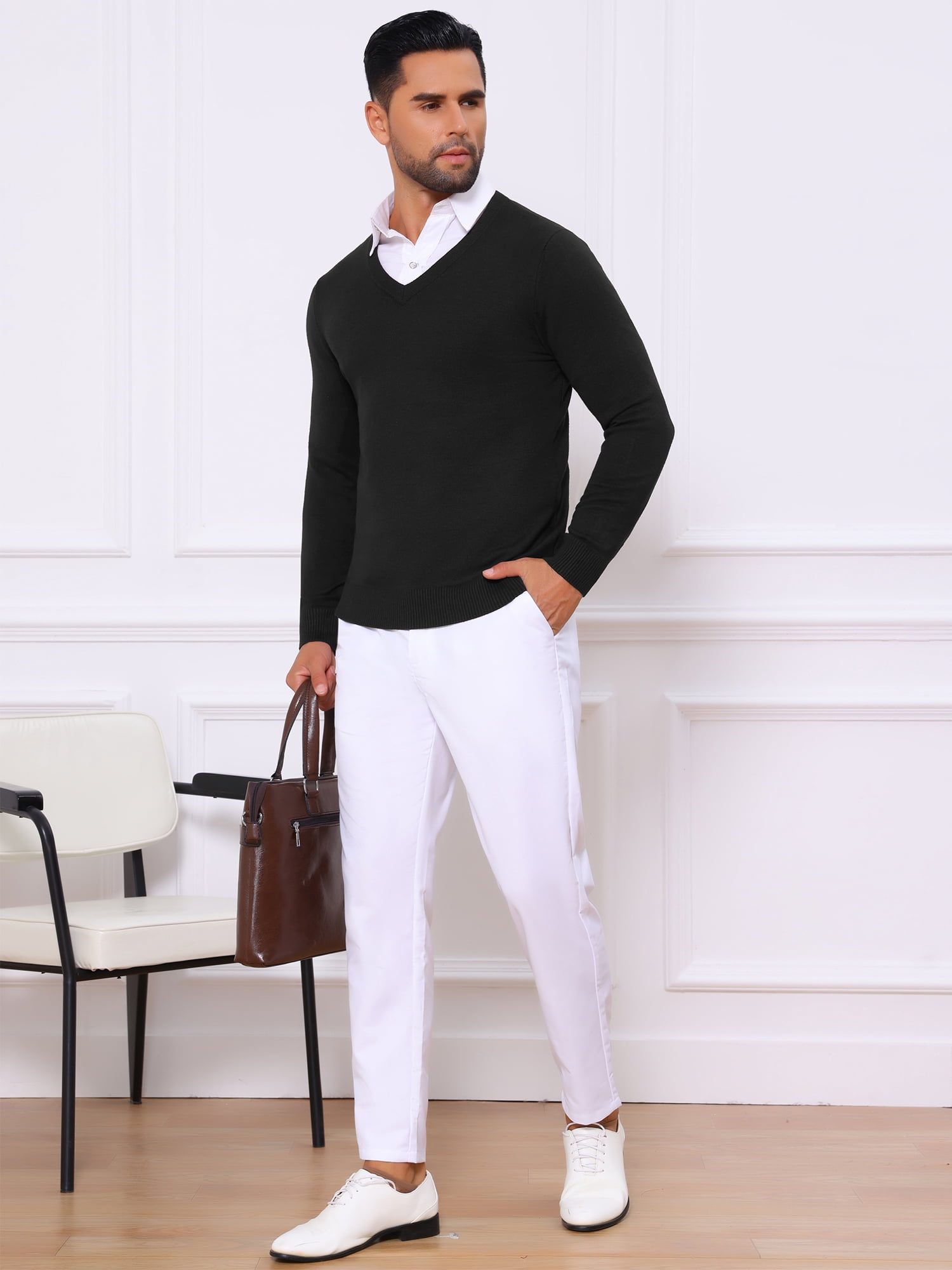 DARING DIVA Men's Long Sleeve V-Neck Solid Knitted Pullover Sweater L Black