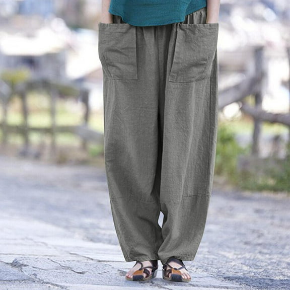 Sakmal Cotton Linen Pants for Women Harem Baggy Taper Pleated Full Length Gray High Waisted Plain Pants with Pockets