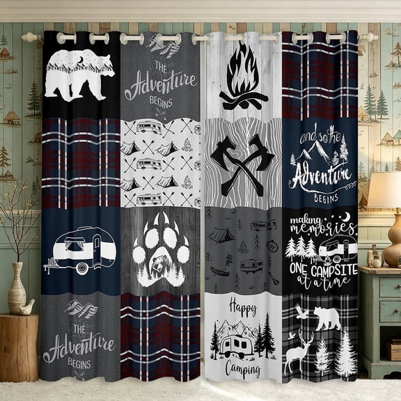 Manfei Adventure Camper Wildlife Blackout Curtains,Minimalist Plaid Window Curtains Pack of 2 (38x45 Each),Navy Gray