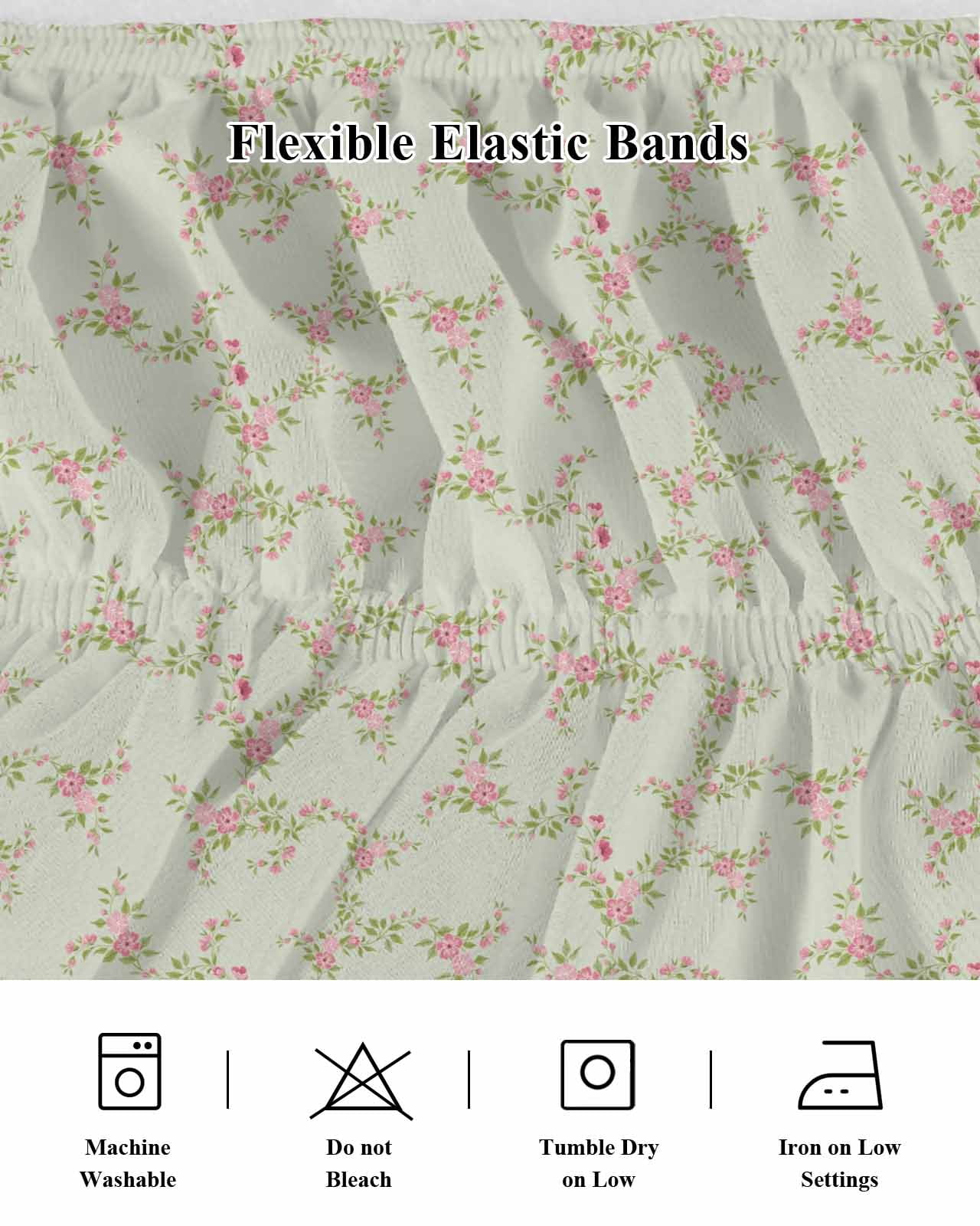 Pastoral Pink Flower Bed Skirt Fall Leaf Green Background Country Floral Bed Skirts Queen Size 16 Inch Drop, Wrap Around Dust Ruffle&nbsp;Bedskirt with Adjustable Elastic Belt for Queen Size Beds
