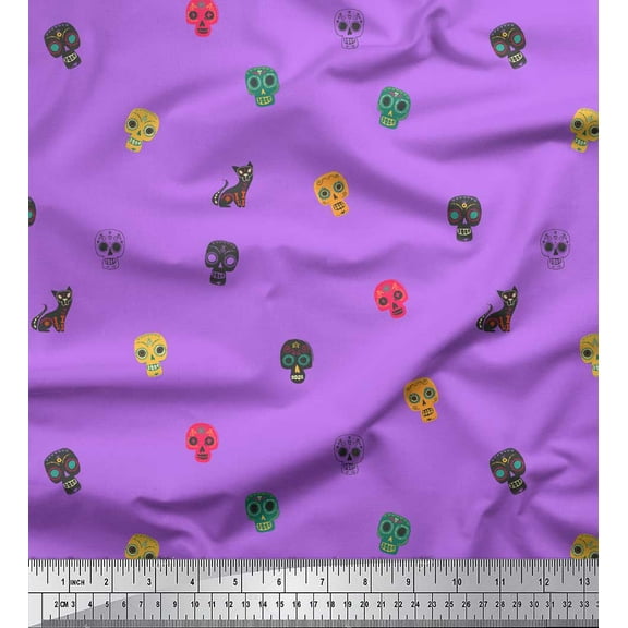 Soimoi Purple Cotton Voile Fabric Skull & Cat Tribal Print Fabric by the Yard 42 Inch Wide