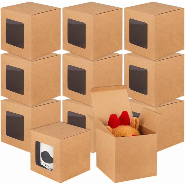 15 cajas de regalo cuadradas con ventana transparente de 10 x 10 x 10 cm, cajas de regalo de papel kraft BurlyWood, cajas de embalaje de papel para aniversarios, cumpleaños, bodas y graduaciones.