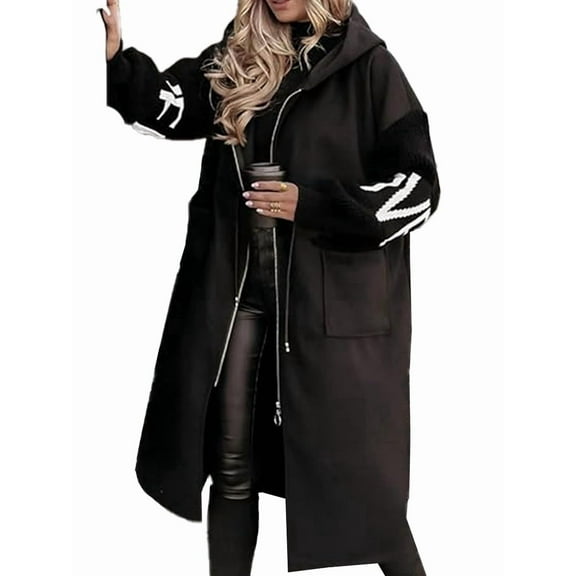 Women'S Hooded Windbreaker Knitted Long Sleeve Oversized Jacket Casual Drawstring Waist Coat with Zipper Black S