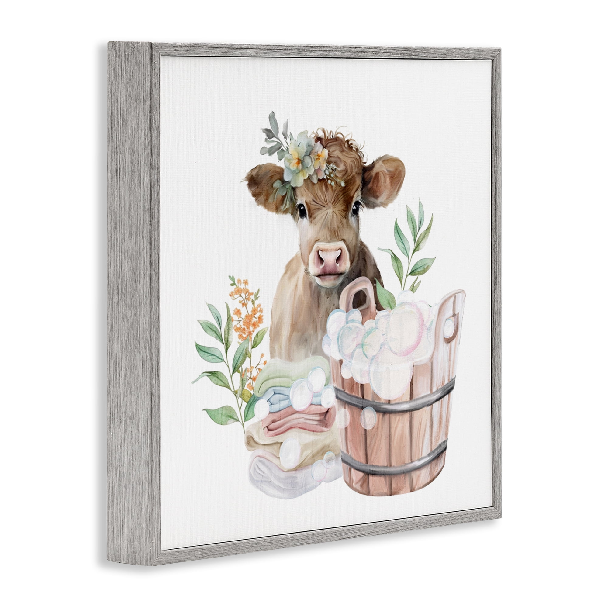 Laundry Day Baby Cow Gray Framed Giclee Art, design by Kim Allen