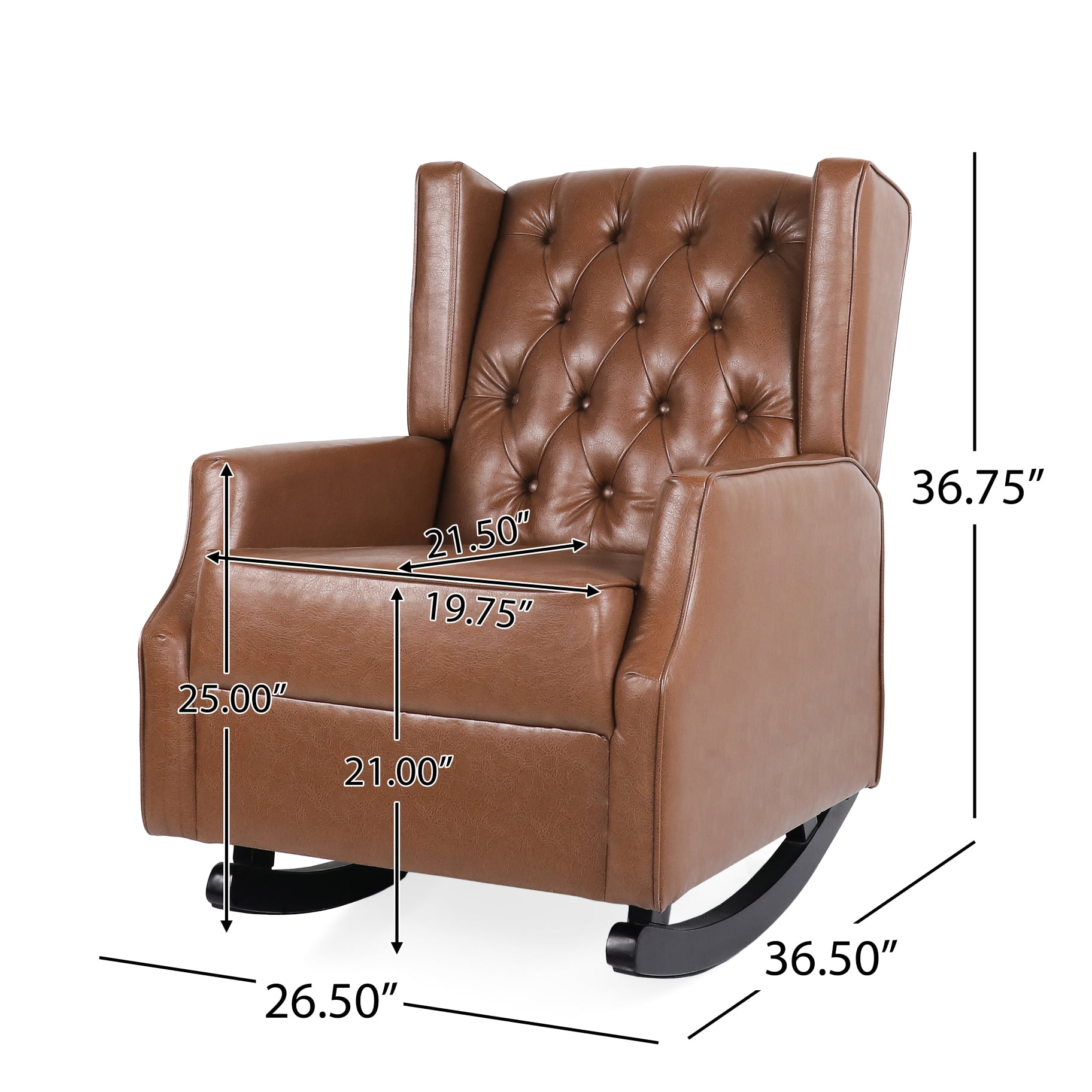 Elegant Rocking Chair In Brown With Button Stitch And Comfortable Wingback, 36.53" W X 37.28" H 25.81" D Fashionable Wingback Umbrella Holder, Pu Upholstery, 25.81"w 36.53"d 37.28"h