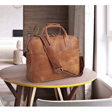 Augus Genuine Leather Messenger Briefcase For Men - Fits 14" Laptop, Business Travel & Daily Use (Brown)