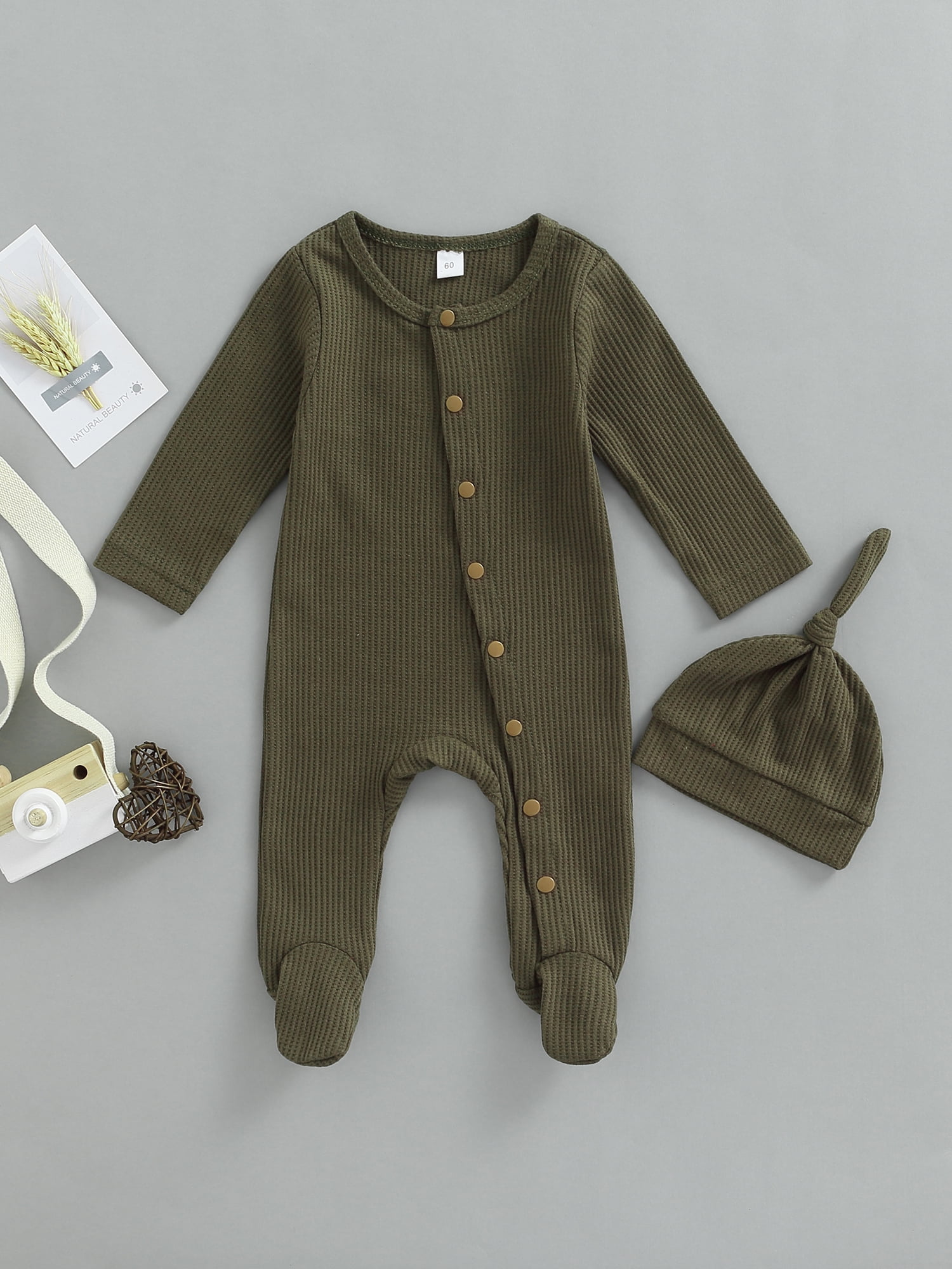 2pcs Baby Boy/Girl Button Front Solid Waffle Long-sleeve Romper with Drawstring Bag Set