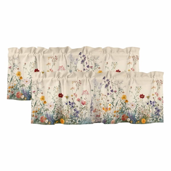 Spring Floral Curtain Valances for Windows, Kitchen Valance Window Treatments Panel 2 Pack, Beige Watercolor Botanical Rod Pocket Short Curtains for Bathroom Bedroom 54 x 18 Inch