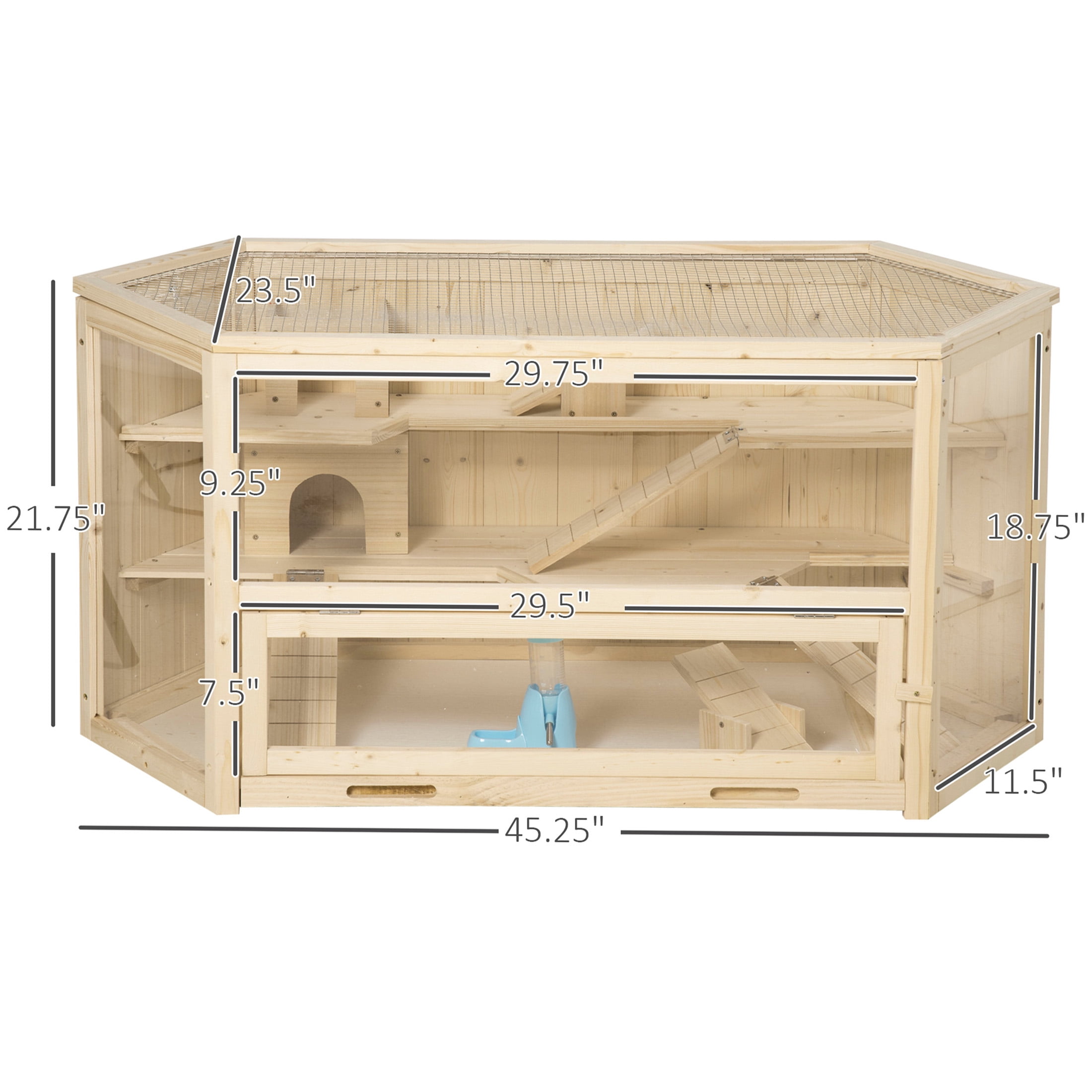 JERFIT 3-Tier Wooden Hamster Cage with Accessories, Large Natural Wood Small Animal Habitat Playpen with Detachable Tray, Ladders, Seesaws, Water Bottle for Hamsters, Gerbils, Mice