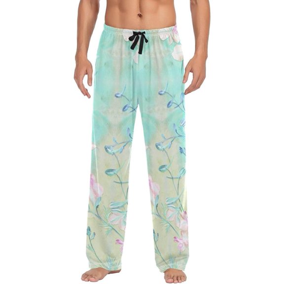 Flowers Watercolor Blue Ghost Pajama Pants, Men's Lounge Pants Light with Drawstring and Pockets, Christmas New Year Birthday Father's Day Gifts, X-Large