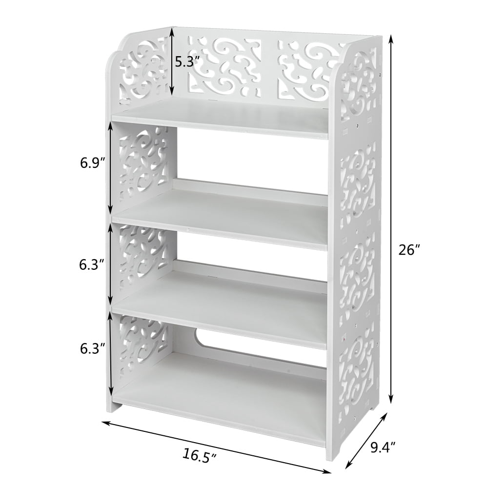 Wood-plastic Board Four Tiers Carved Shoe Tower Rack Shelf Shoes Organizer White 