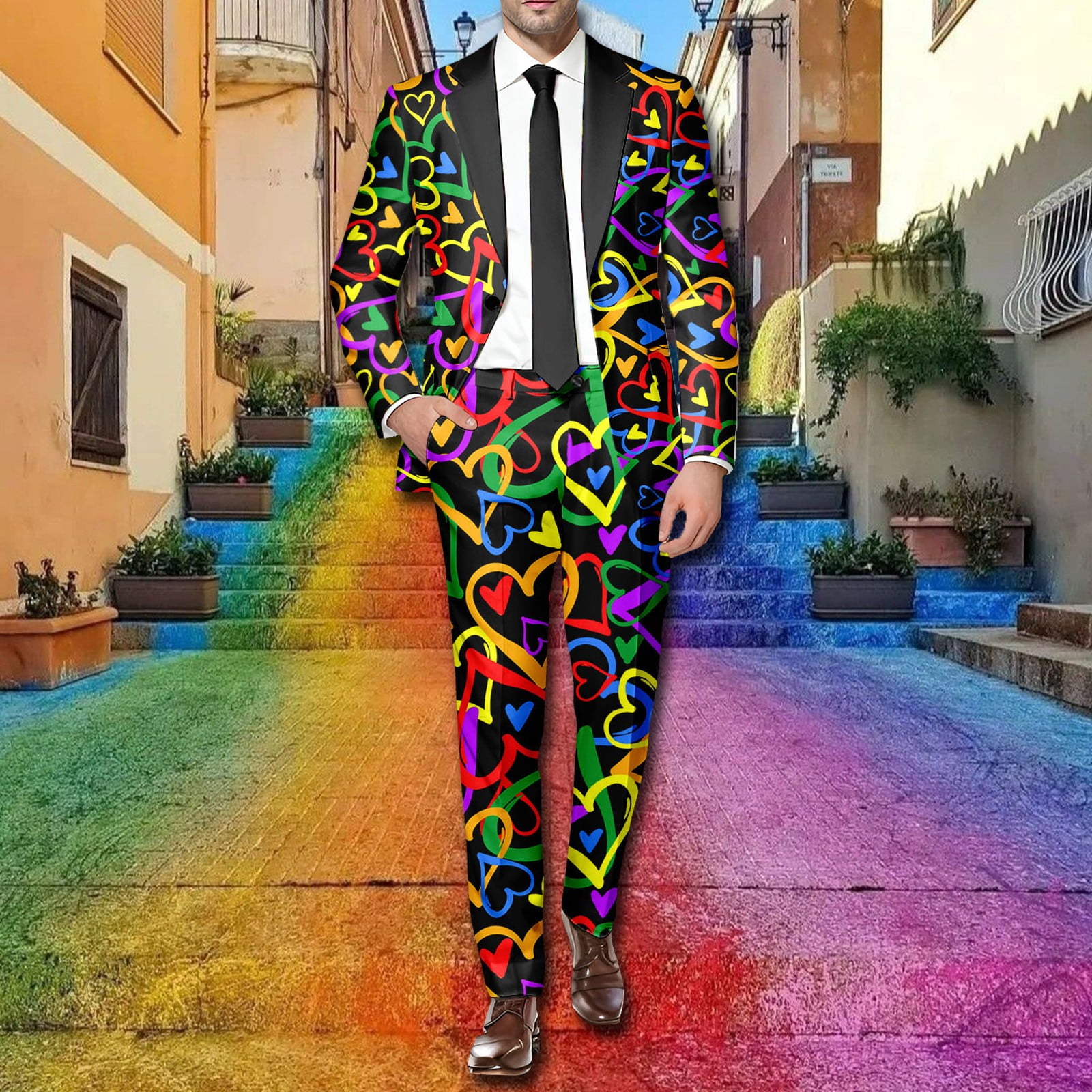 Male Rainbow Long Sleeve Coat And Pants Two Piece Suit Printed